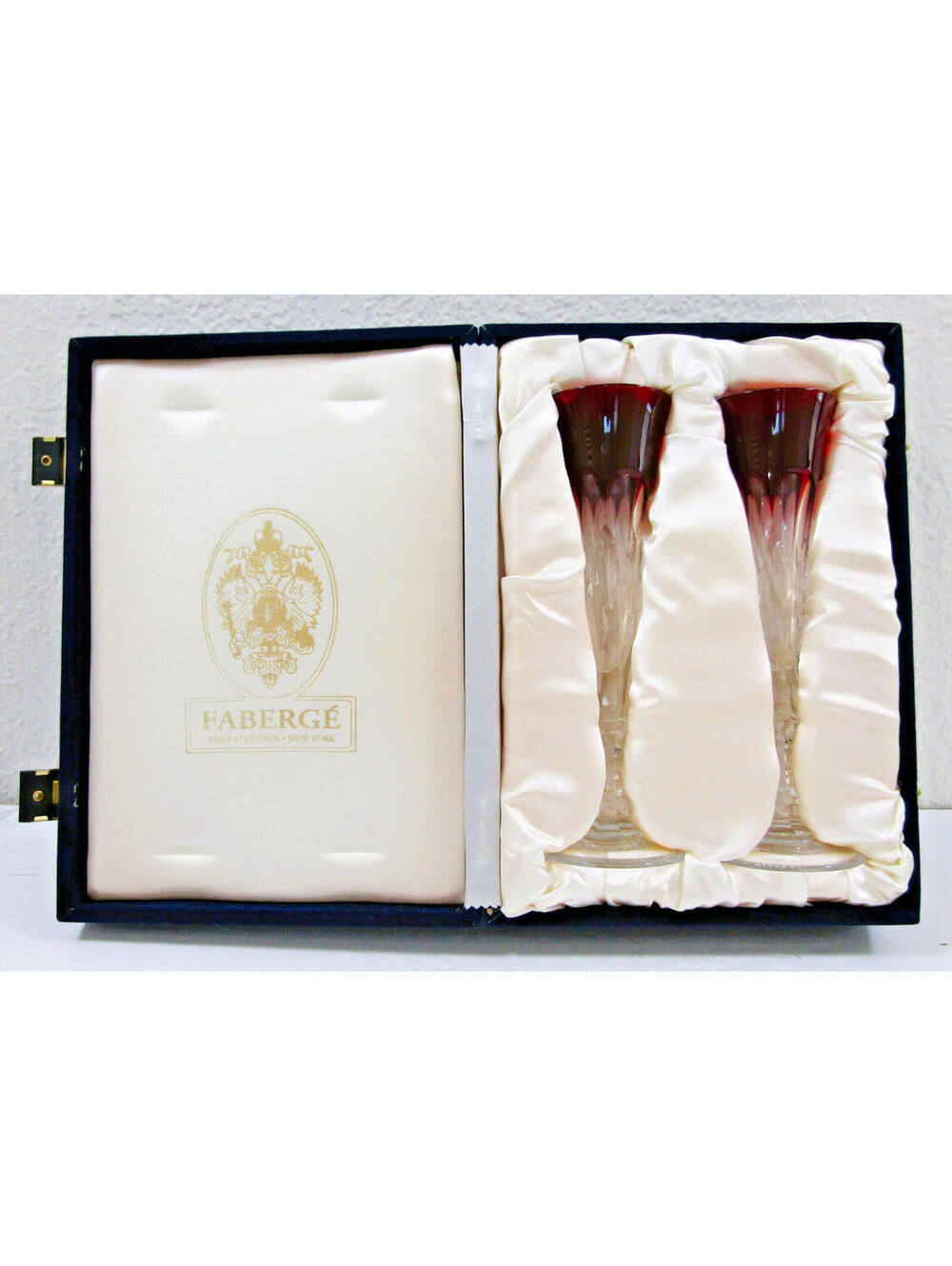 Set of Two Faberge Xenia Ruby Red Crystal Champagne Flutes with Presentation Box